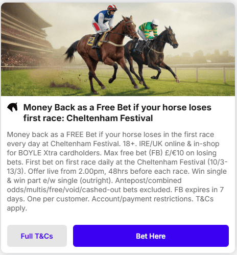 money back as a free bet if your horse loses first race: cheltenham festival